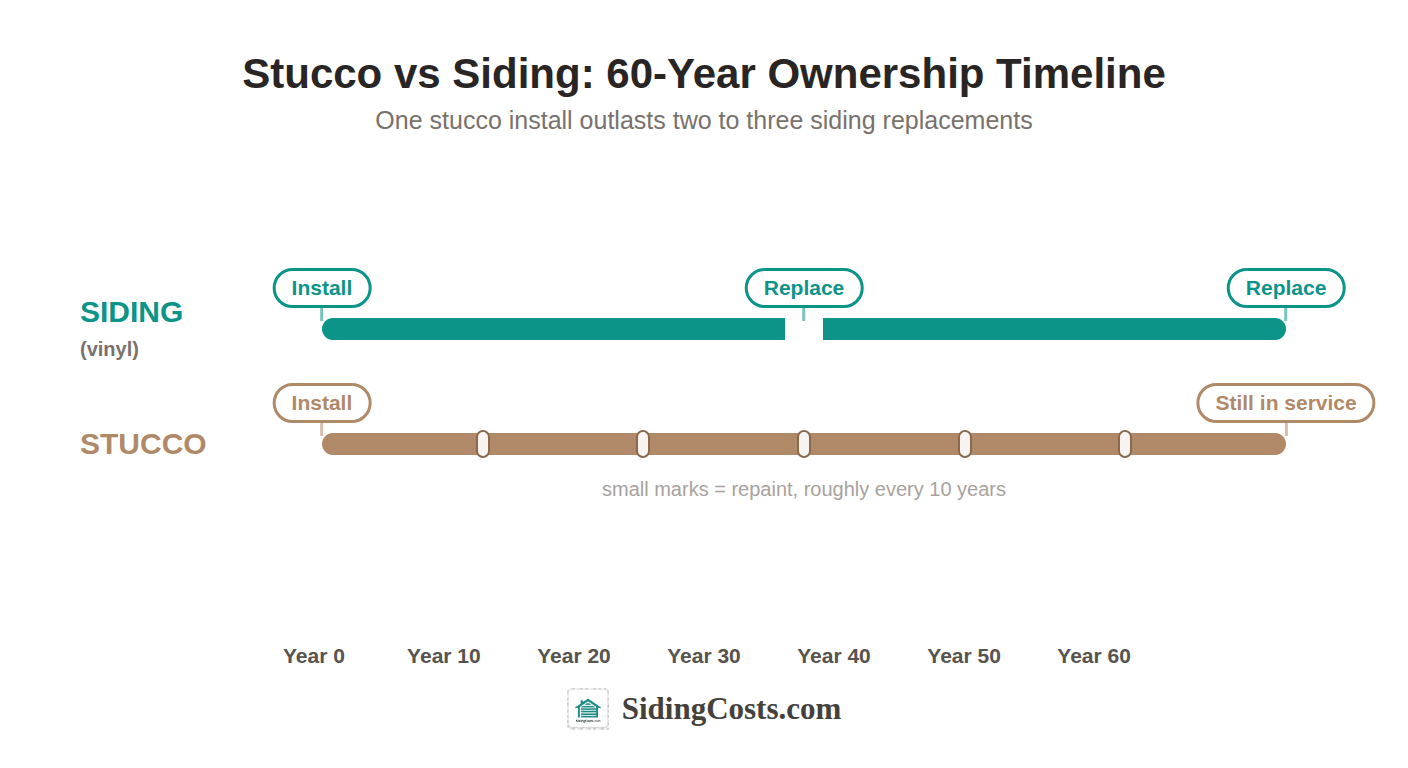 60-year ownership timeline showing siding replaced two to three times against a single stucco installation